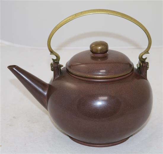 A large Yixing polished pottery and bronze mounted globular teapot and cover, c.1900, height 12cm